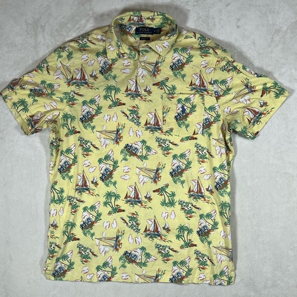 Polo Ralph Lauren Medium Custom Fit Pocket T Polo Yellow Tropical Print Shirt - Picture 1 of 9